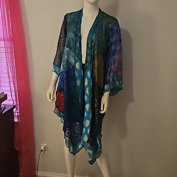 STERLING STYLES 1990s Mixed Print Metallic Patchwork Assymetric Kimono - Picture 3 of 11